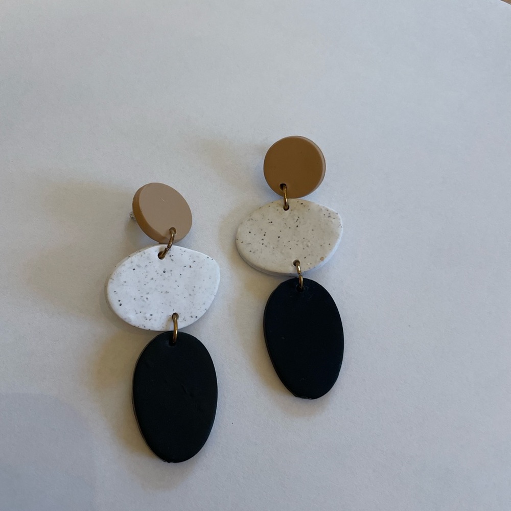 Handmade Clay Black, White & Gold Drop Earrings